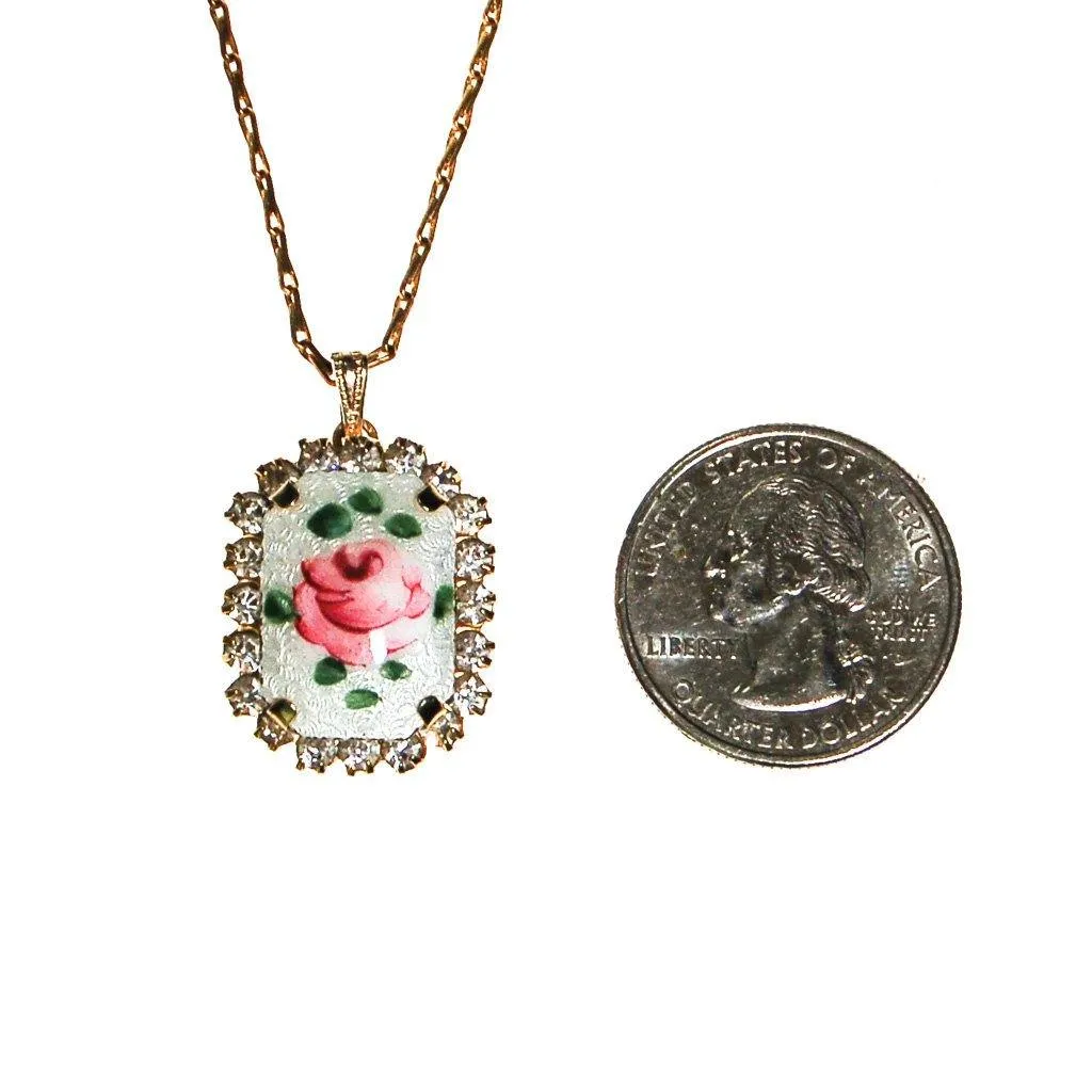 Rose Guilloche and Rhinestone Pendant Necklace