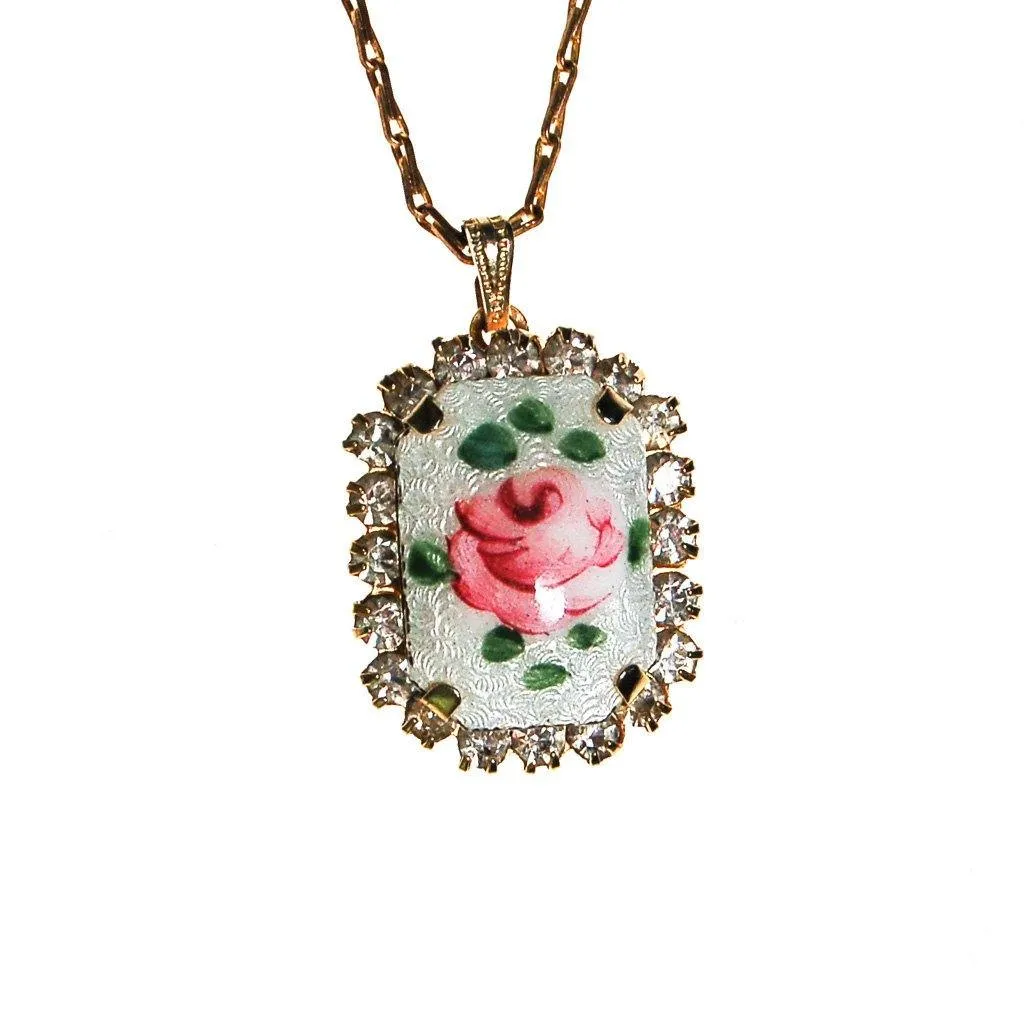 Rose Guilloche and Rhinestone Pendant Necklace