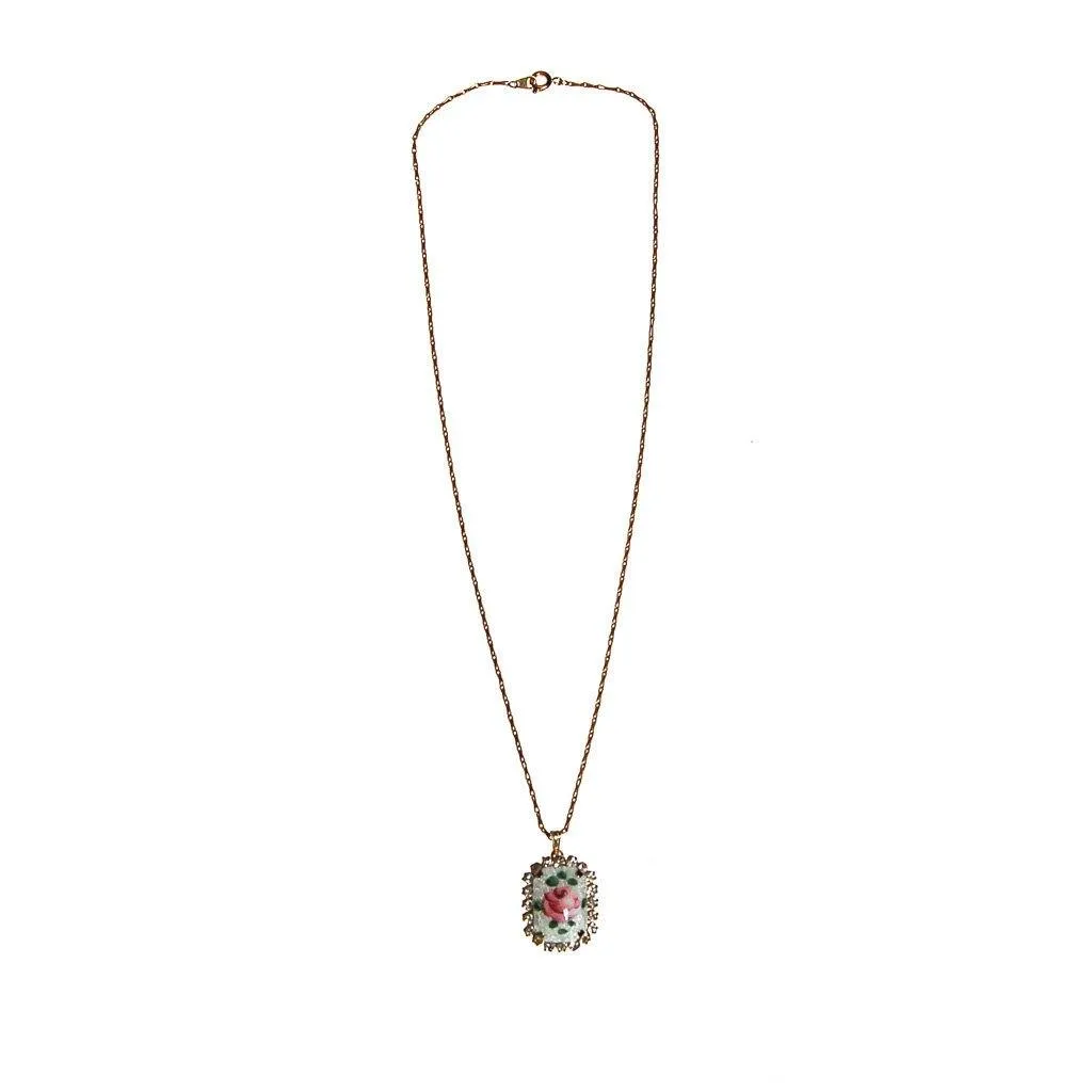 Rose Guilloche and Rhinestone Pendant Necklace