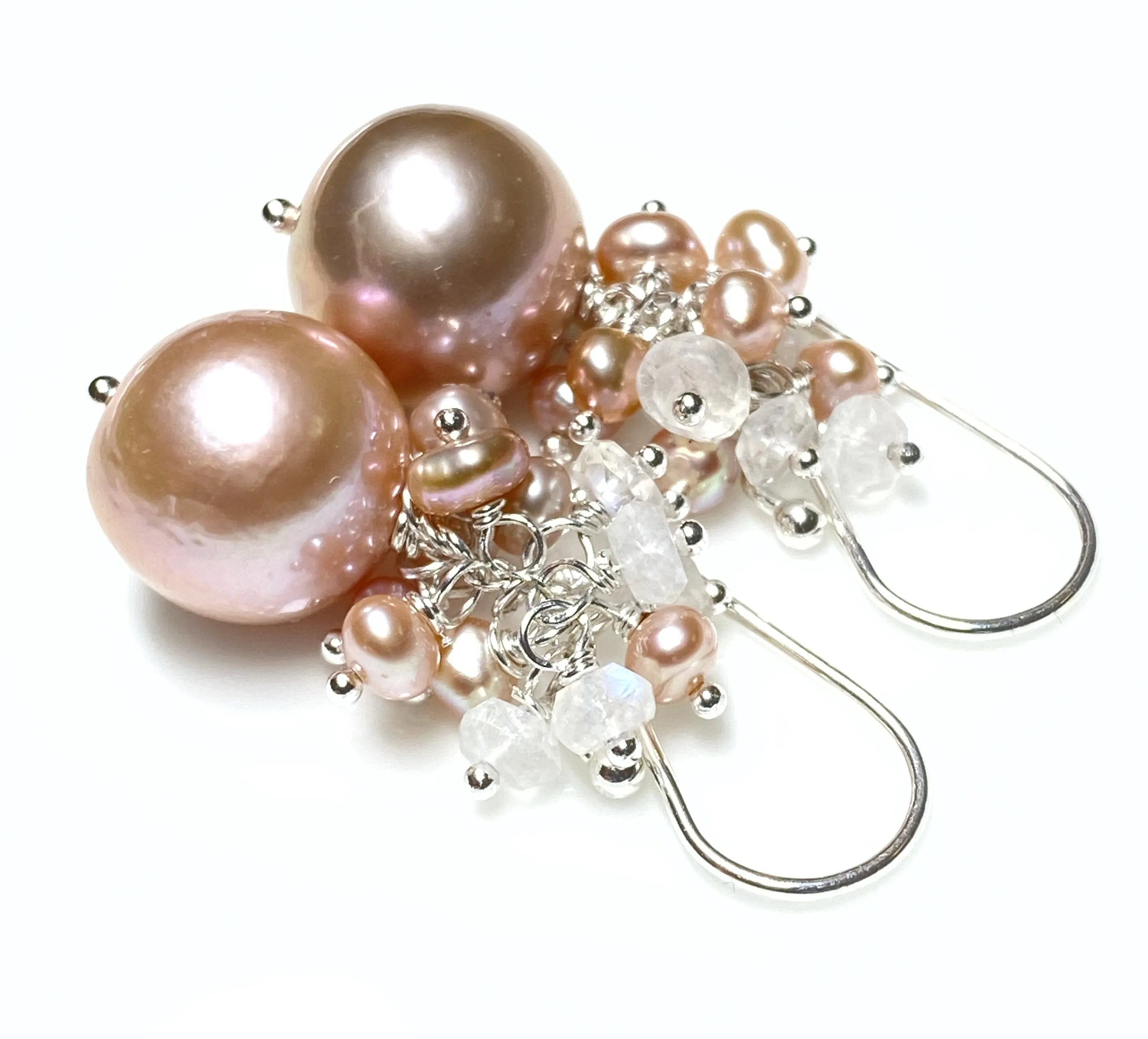 Round Pink Edison Pearl Cluster Earrings Sterling Silver