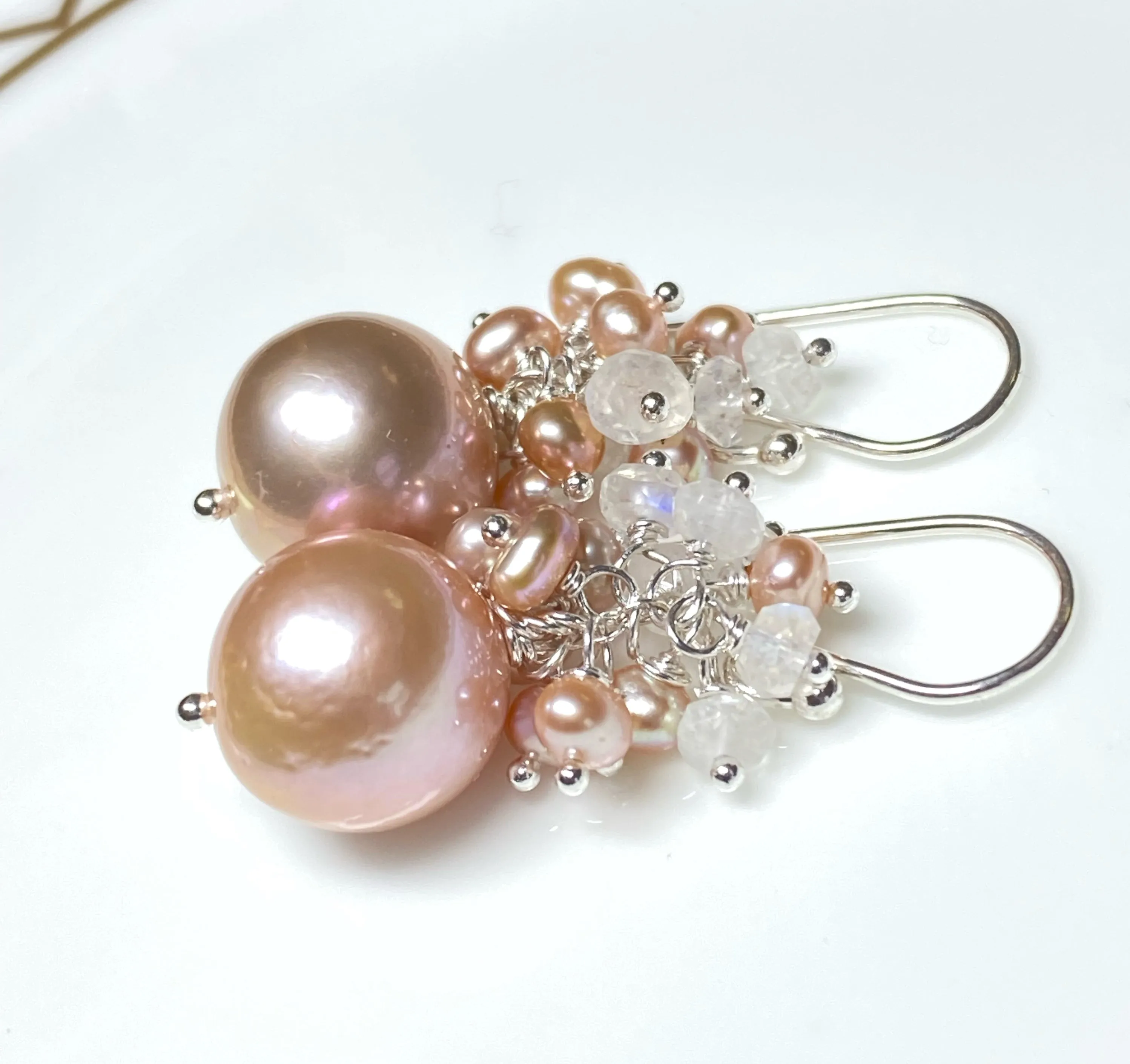 Round Pink Edison Pearl Cluster Earrings Sterling Silver