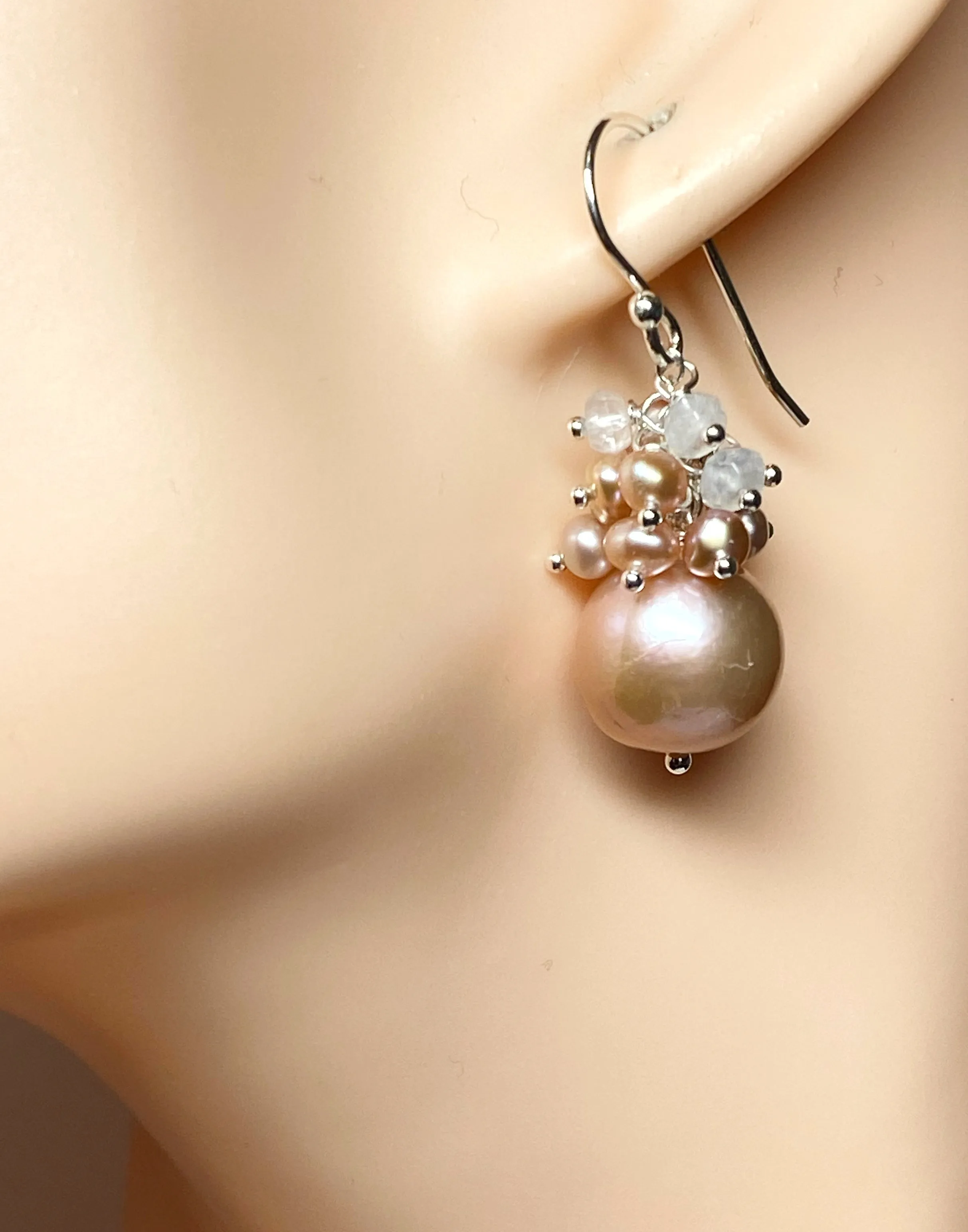 Round Pink Edison Pearl Cluster Earrings Sterling Silver