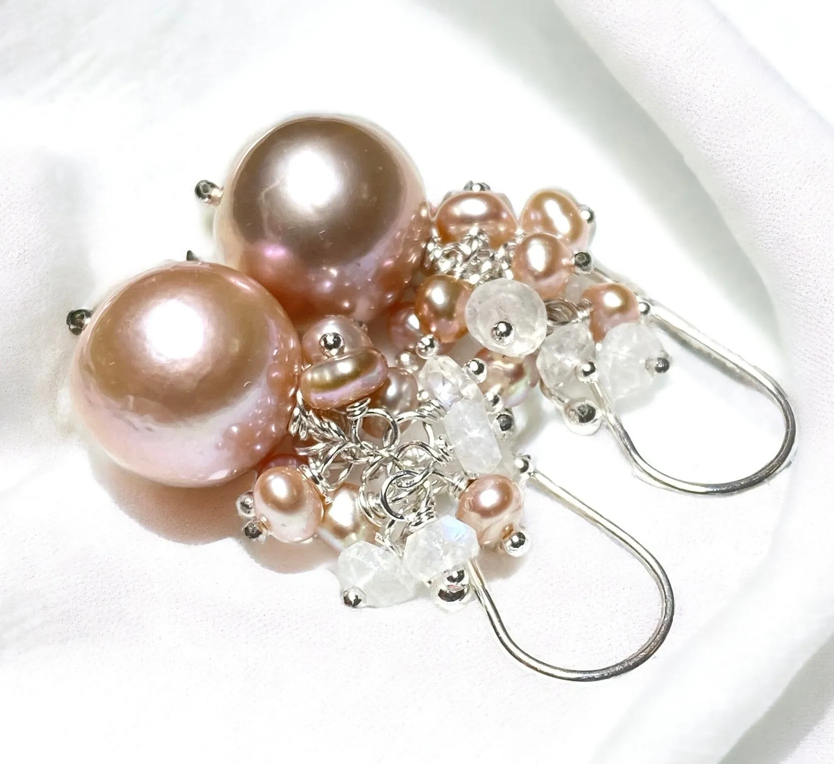 Round Pink Edison Pearl Cluster Earrings Sterling Silver