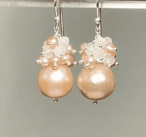 Round Pink Edison Pearl Cluster Earrings Sterling Silver