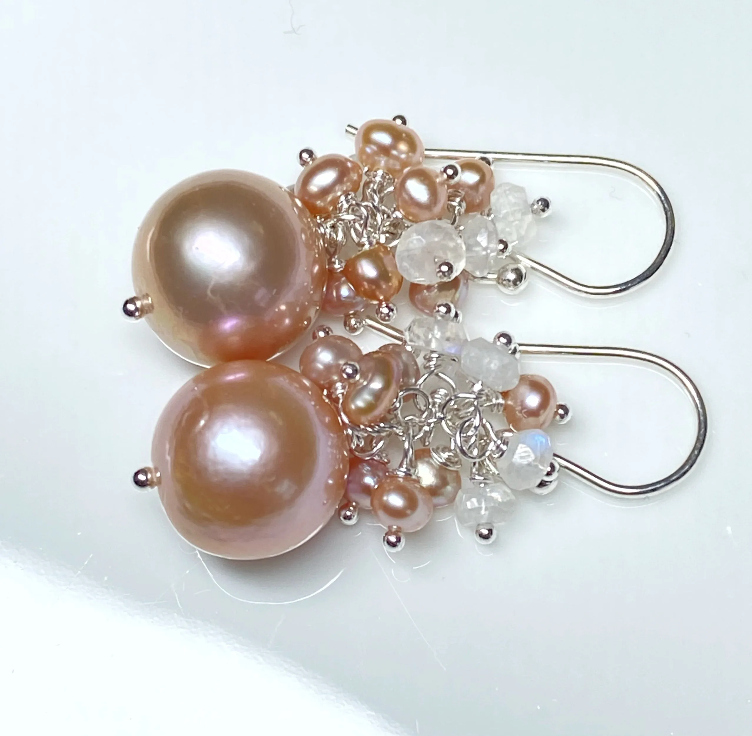 Round Pink Edison Pearl Cluster Earrings Sterling Silver