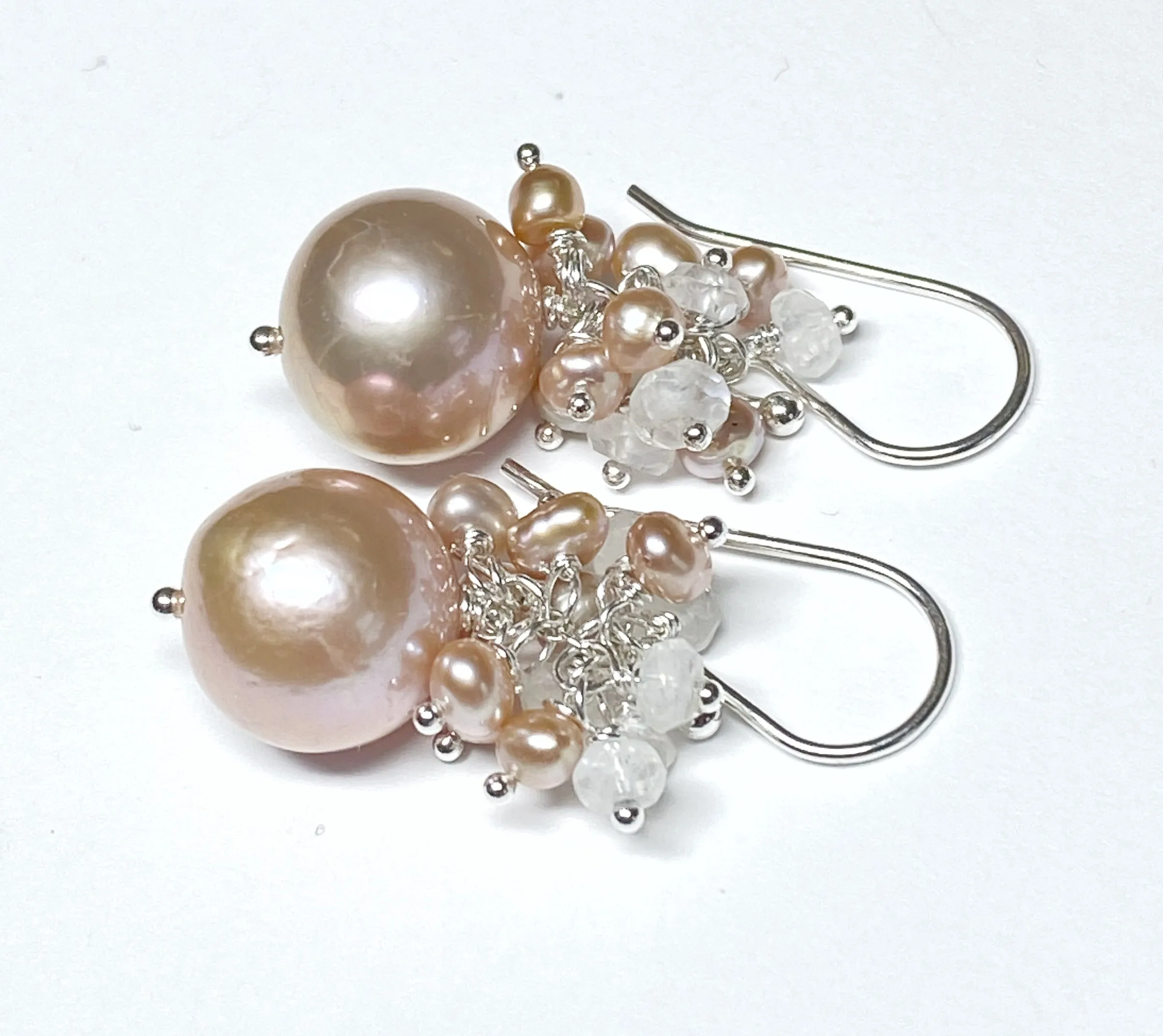 Round Pink Edison Pearl Cluster Earrings Sterling Silver