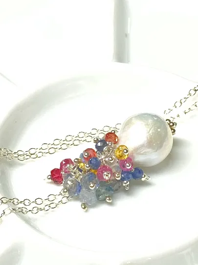 Sapphire and Opal Cascade Cluster Pearl Pendant, Sterling Silver