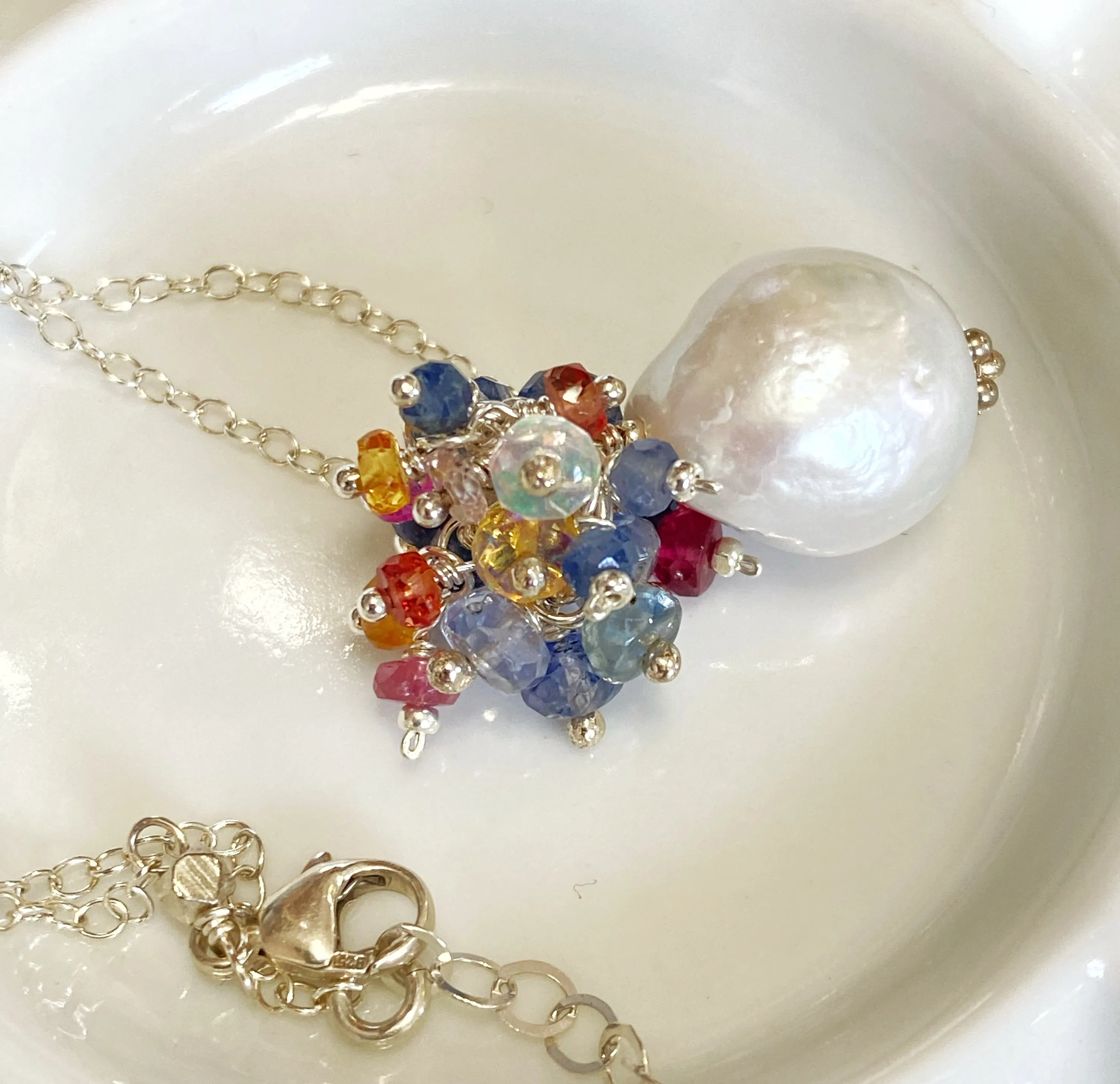Sapphire and Opal Cascade Cluster Pearl Pendant, Sterling Silver
