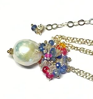 Sapphire and Opal Cascade Cluster Pearl Pendant, Sterling Silver