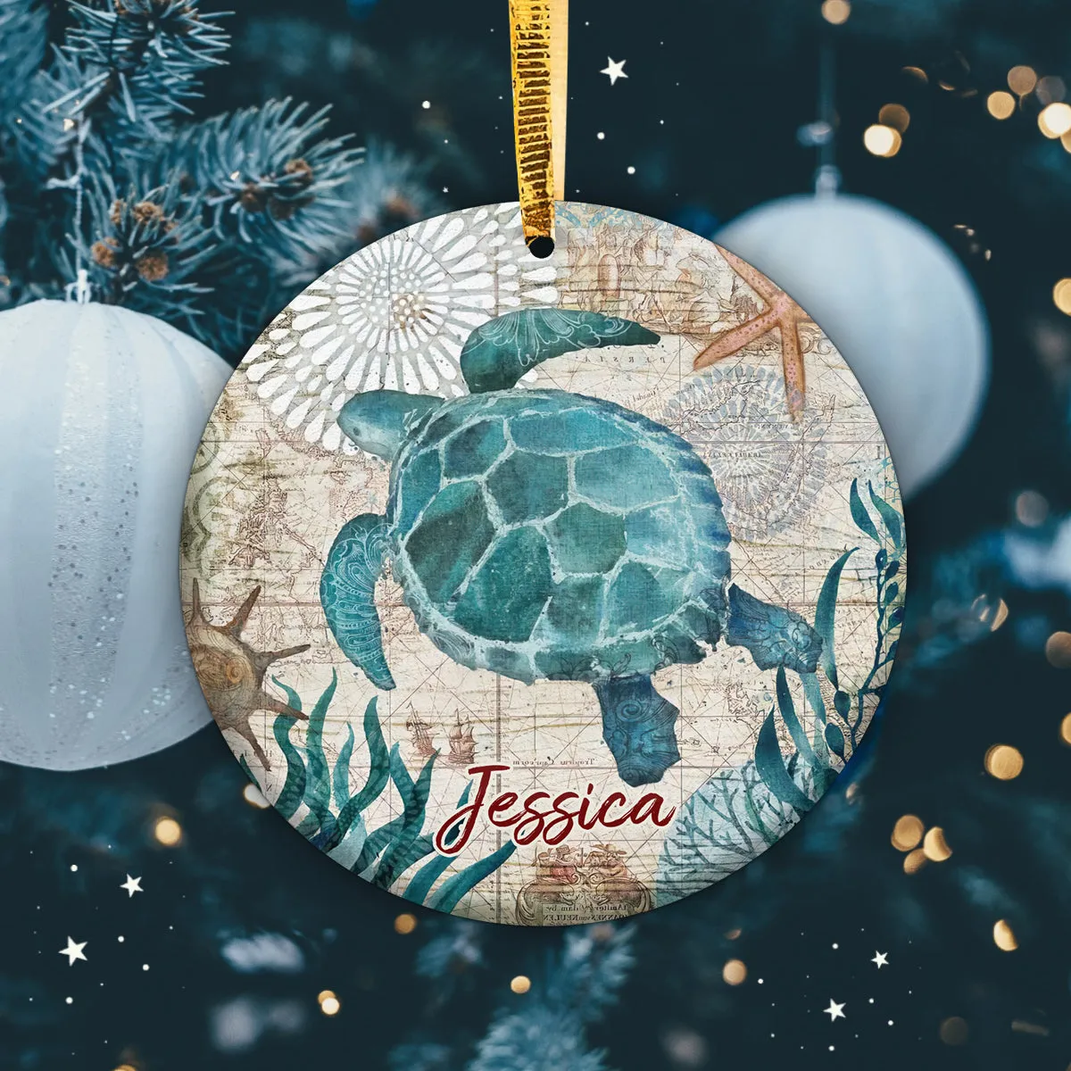 Sea Turtle Ocean Animal Nautical Map Personalized Circle Ornament Christmas