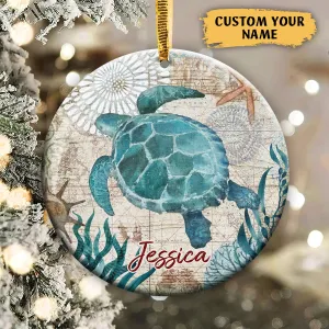 Sea Turtle Ocean Animal Nautical Map Personalized Circle Ornament Christmas