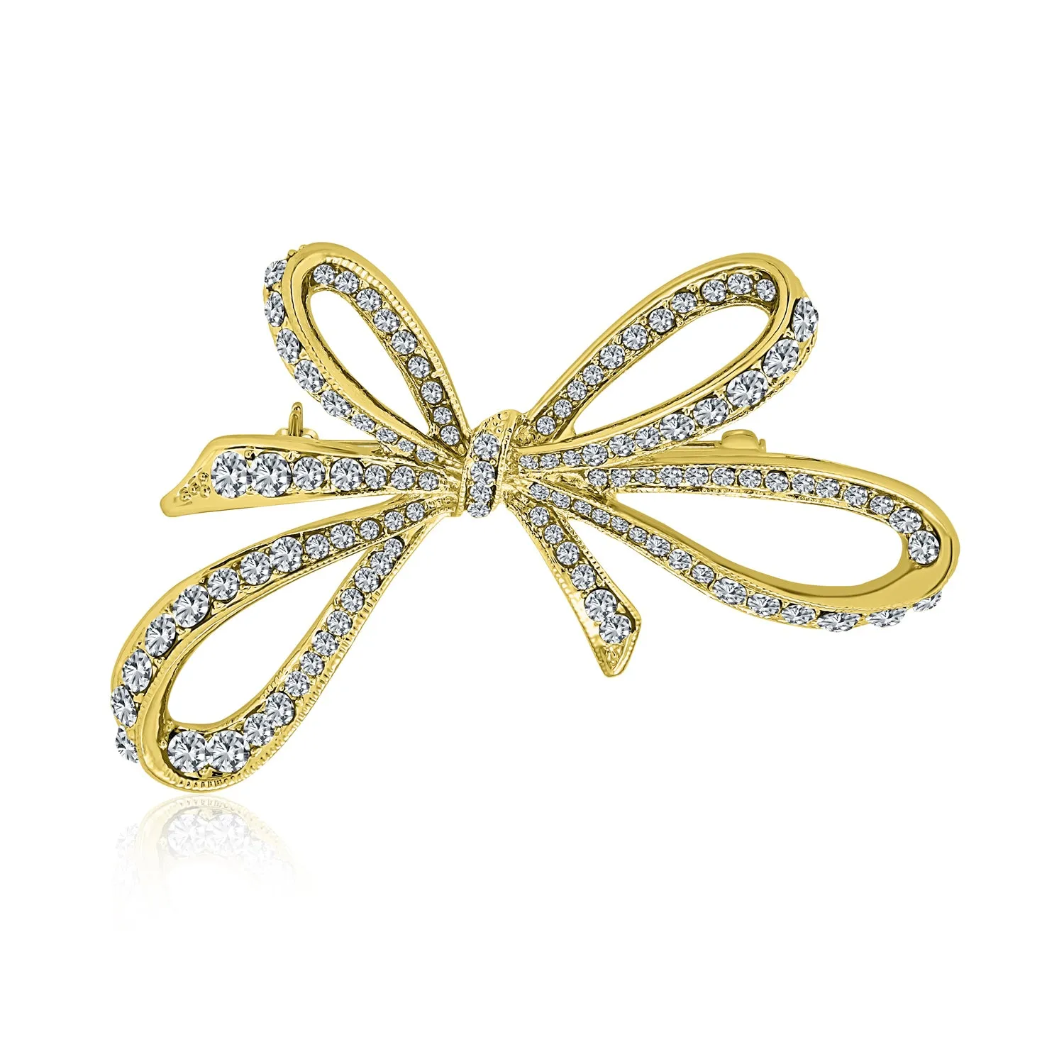Set of 2 Winter Wedding Clear Blue Crystal Ribbon Bow Brooch Pin Gold Plated