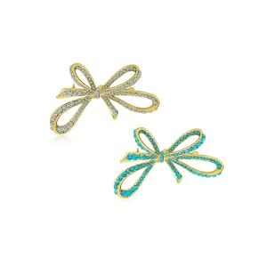 Set of 2 Winter Wedding Clear Blue Crystal Ribbon Bow Brooch Pin Gold Plated