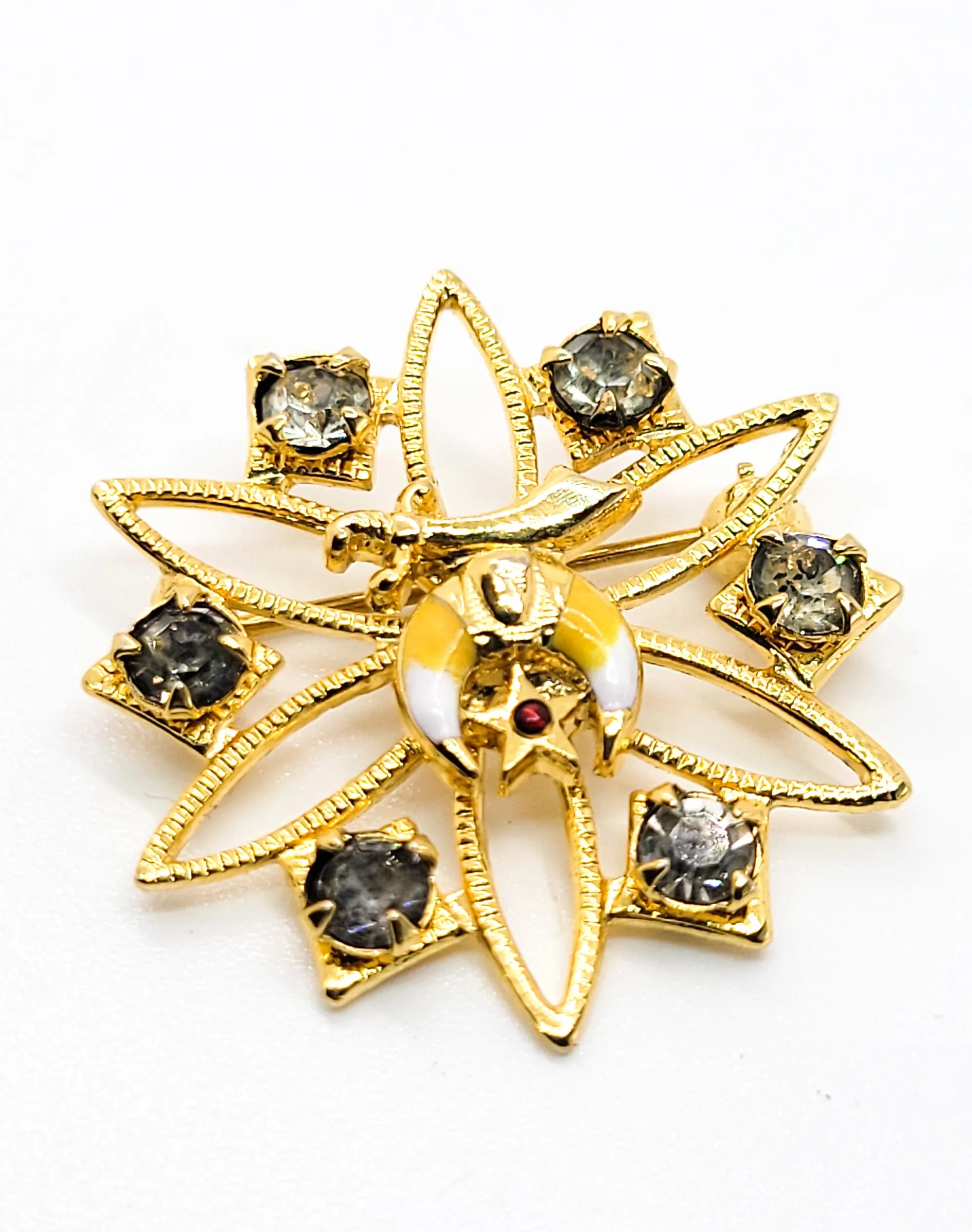 Shriners  rhinestone yellow enamel gold toned vintage mid century brooch