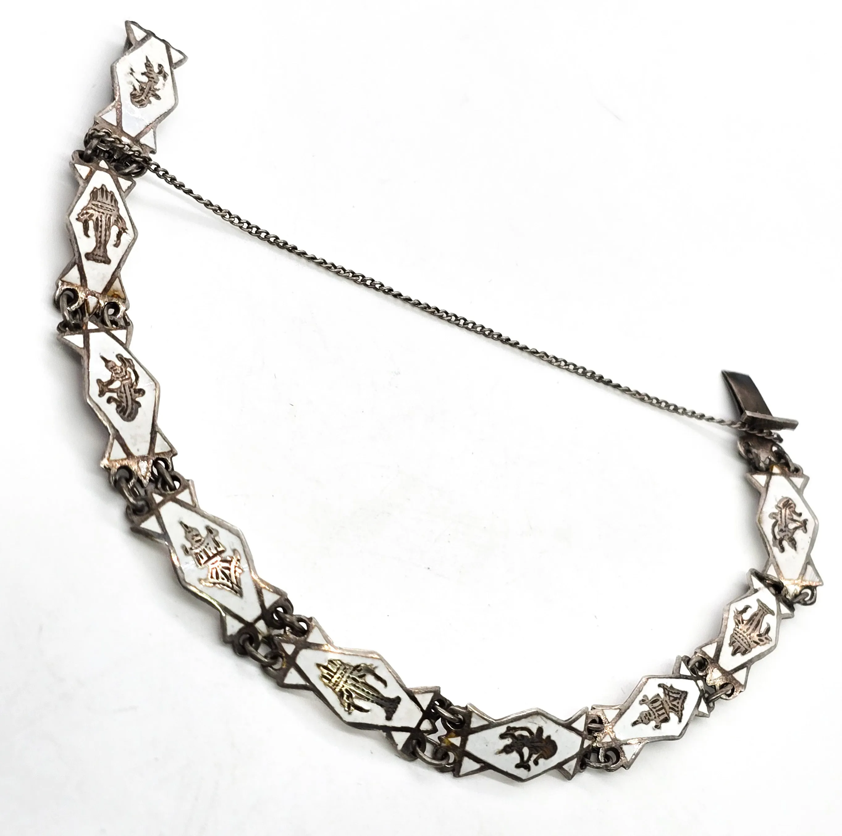 Siam White Nielloware enamel Erawan Melaka  vintage sterling silver bracelet