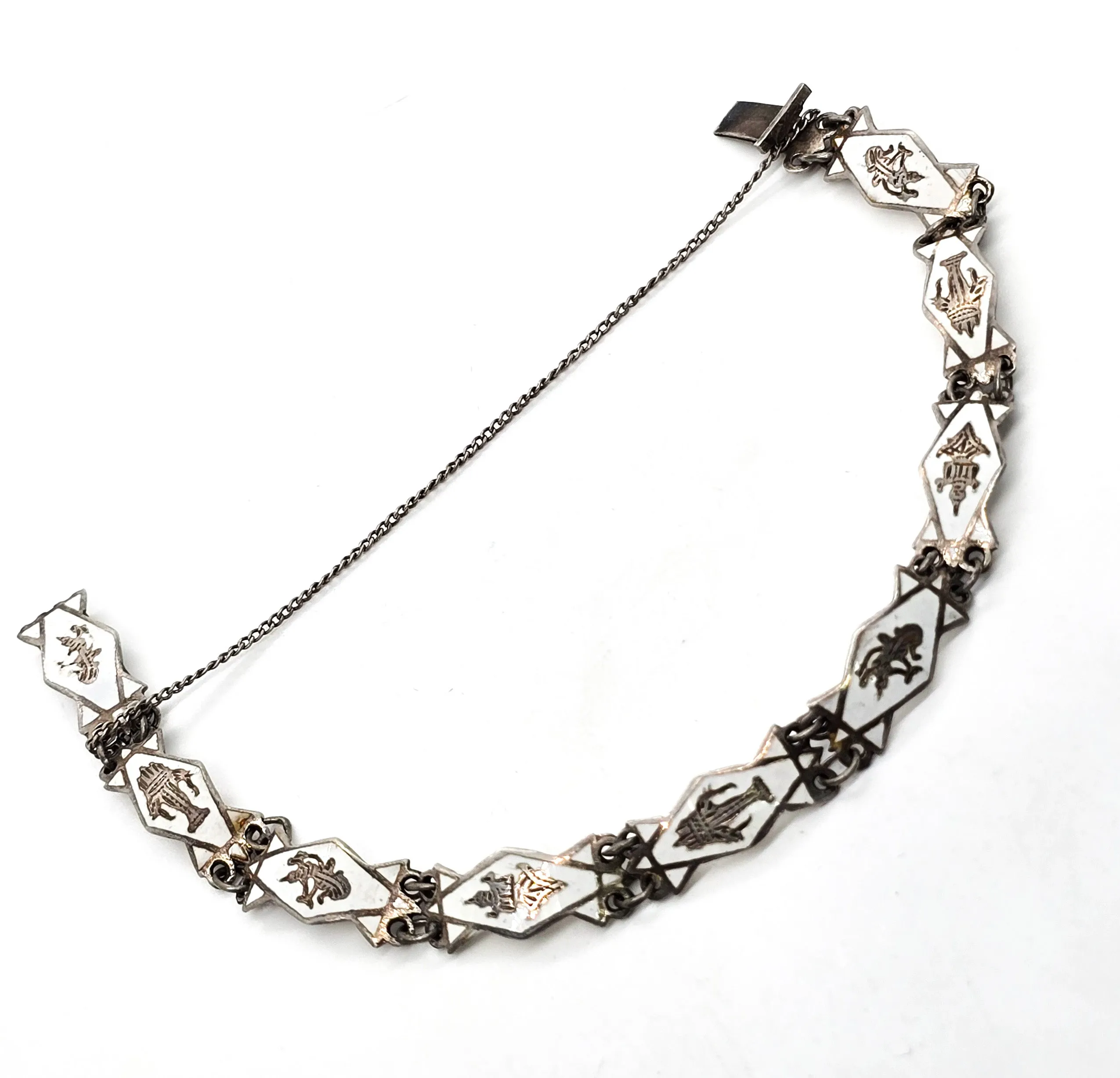 Siam White Nielloware enamel Erawan Melaka  vintage sterling silver bracelet