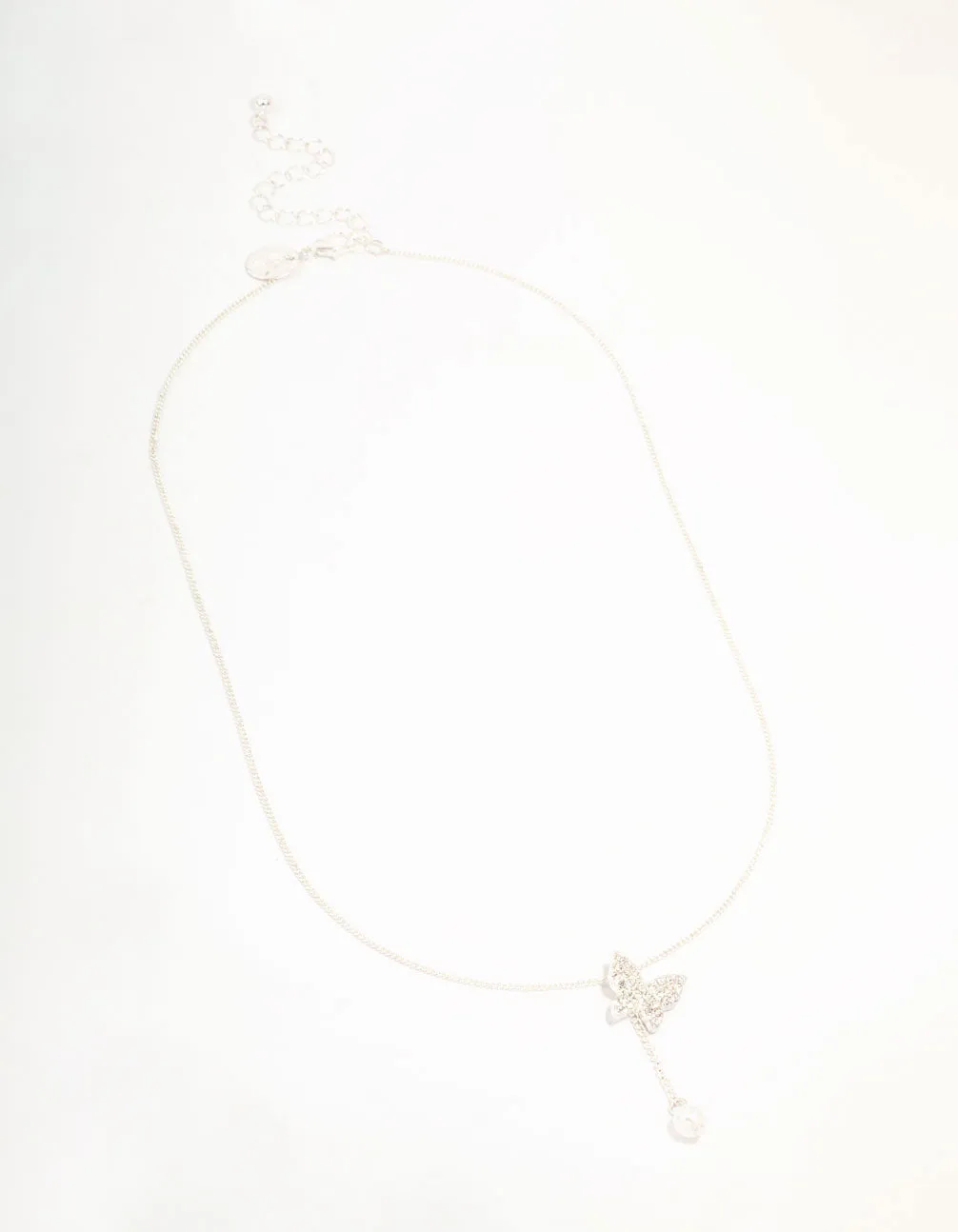 Silver Diamante Butterfly & Pearl Y-Necklace