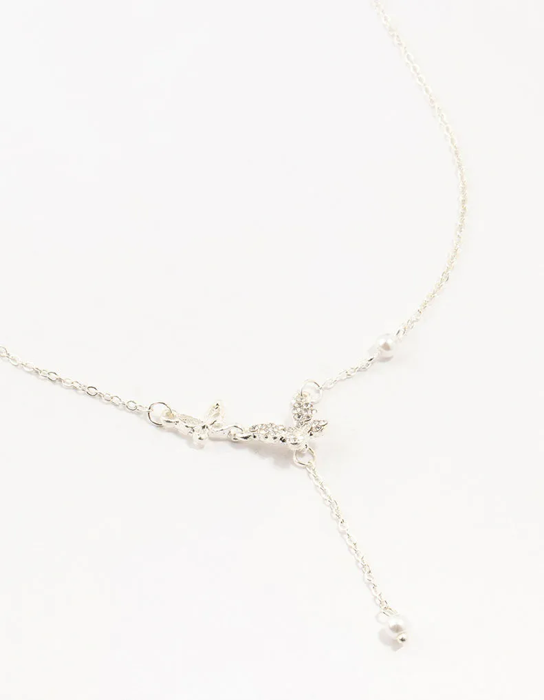 Silver Diamante Pearl Butterfly  Y-Necklace
