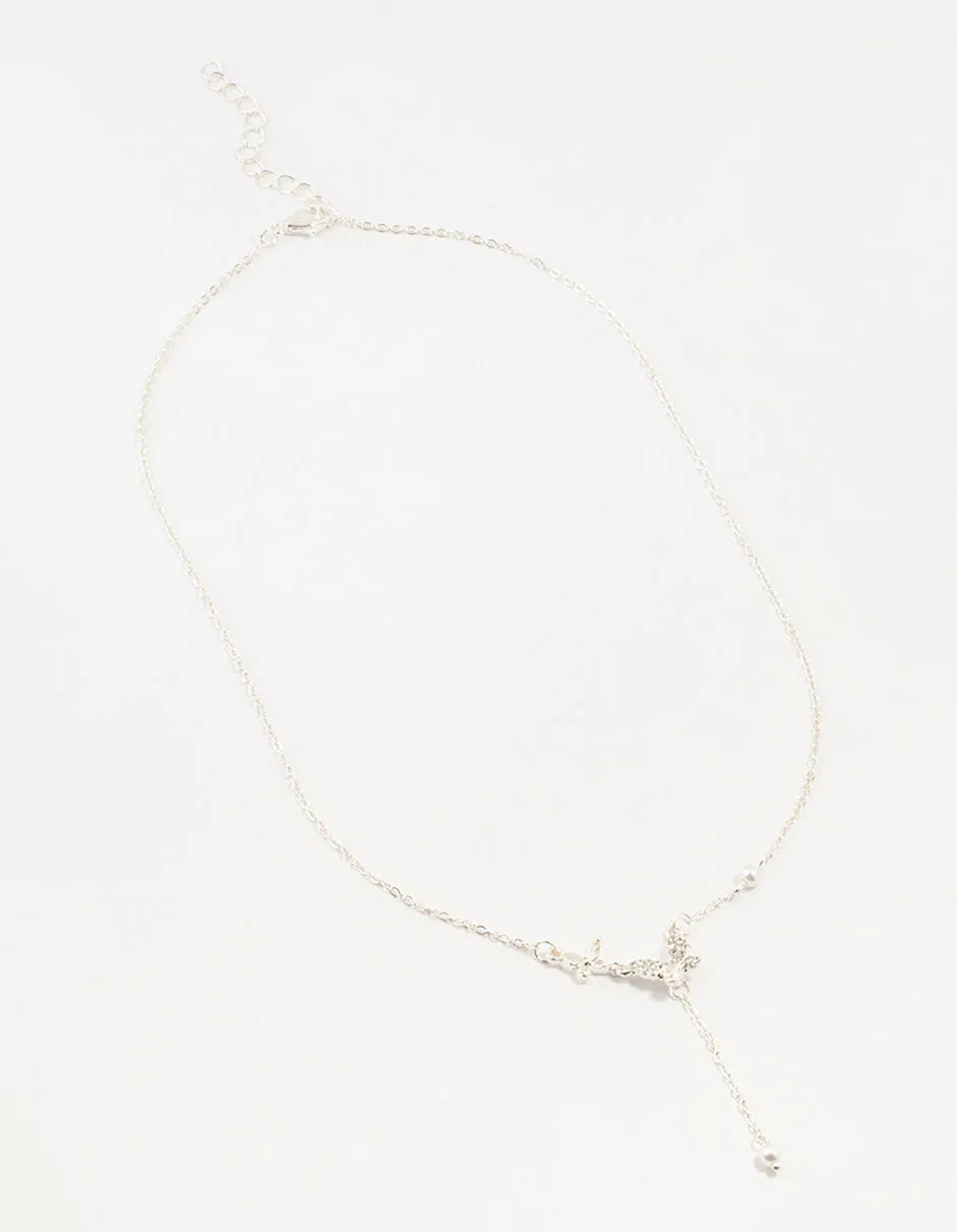 Silver Diamante Pearl Butterfly  Y-Necklace