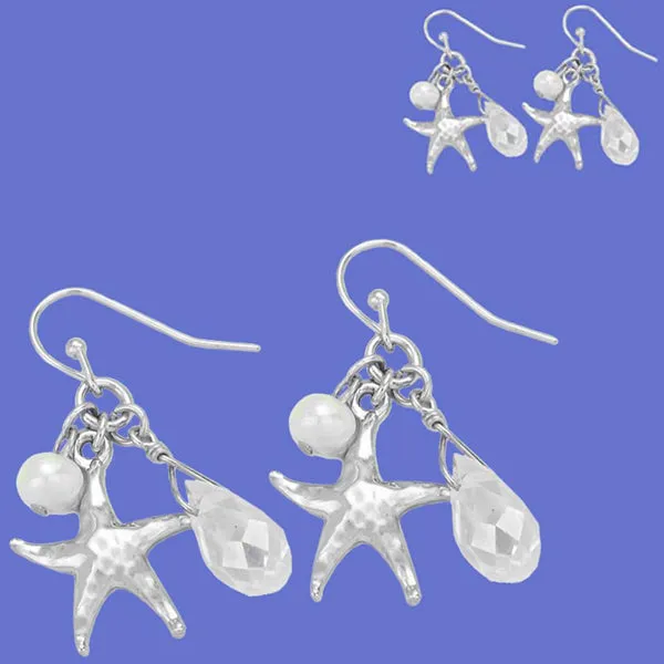 Silver- gold-plated earrings Starfish metal pearl & crystal dangles - 1 pair