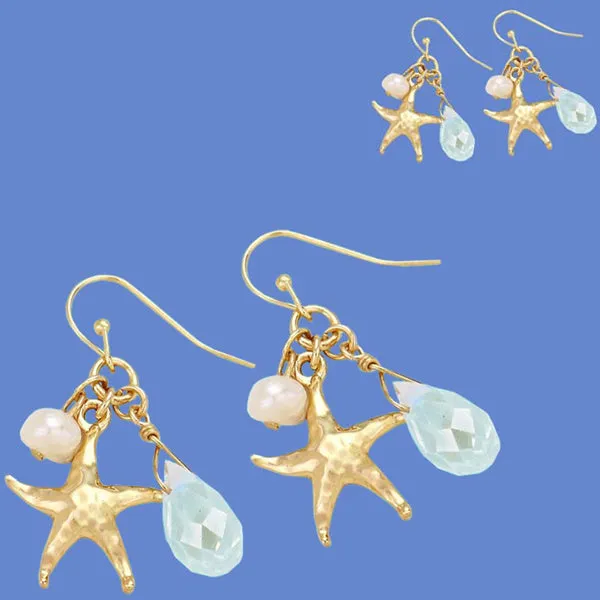 Silver- gold-plated earrings Starfish metal pearl & crystal dangles - 1 pair