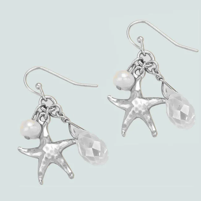 Silver- gold-plated earrings Starfish metal pearl & crystal dangles - 1 pair