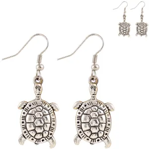 Silver-plated antiqued earrings Turtle 17x9mm flat metal 30mm dangles - 1 pair