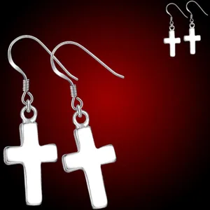 Silver-plated earrings Cross plain 17x9mm metal 30mm dangles - 1 pair