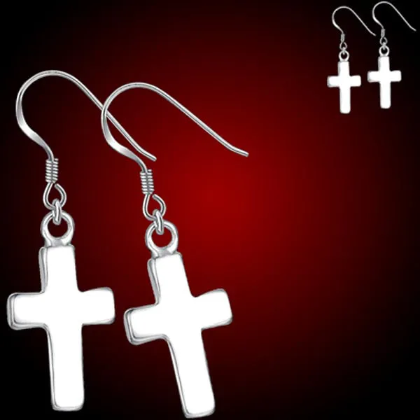 Silver-plated earrings Cross plain 17x9mm metal 30mm dangles - 1 pair