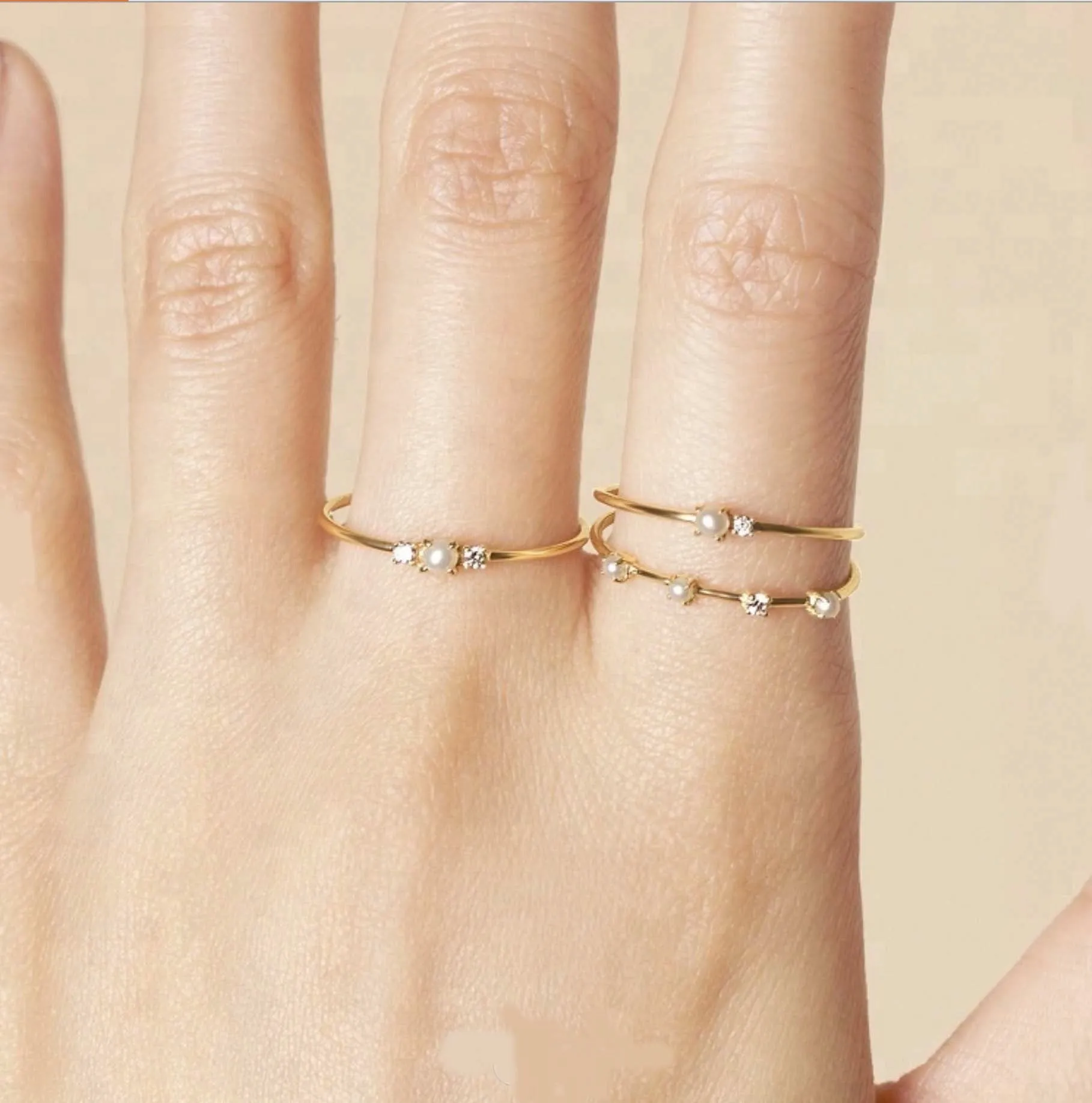 Simple Thin Stackable Pearl/CZ Ring - Gold