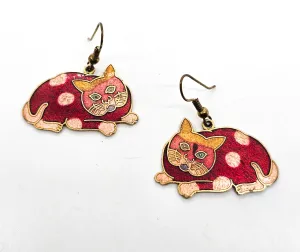 Sitting loaf kitty cat red and orange enamel drop vintage feline figural earrings