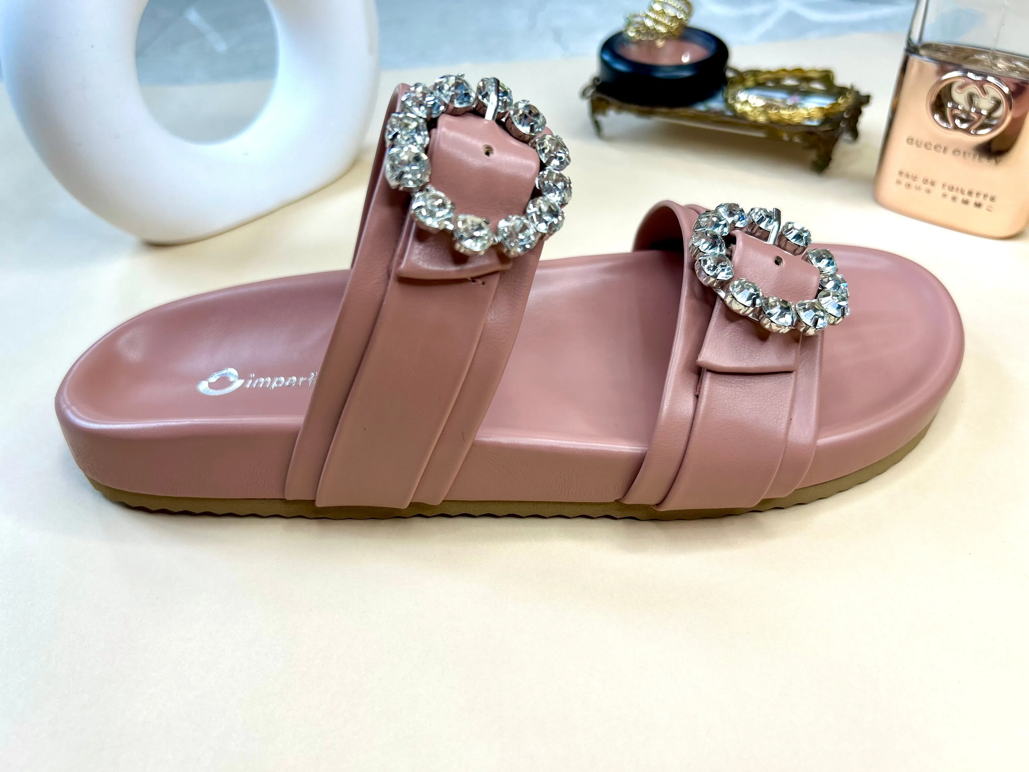 Slider Sandals With Rhinestone Buckle