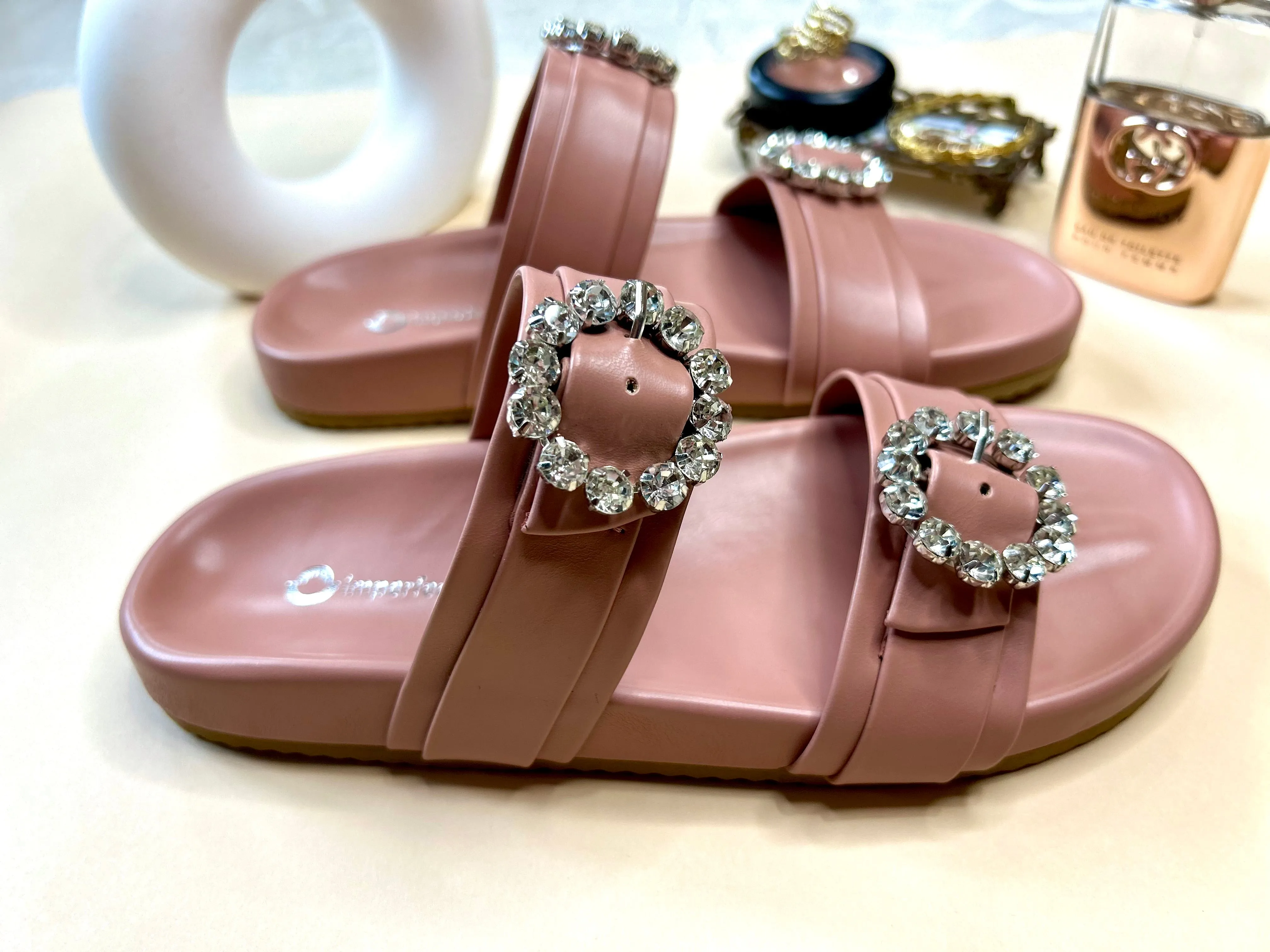 Slider Sandals With Rhinestone Buckle