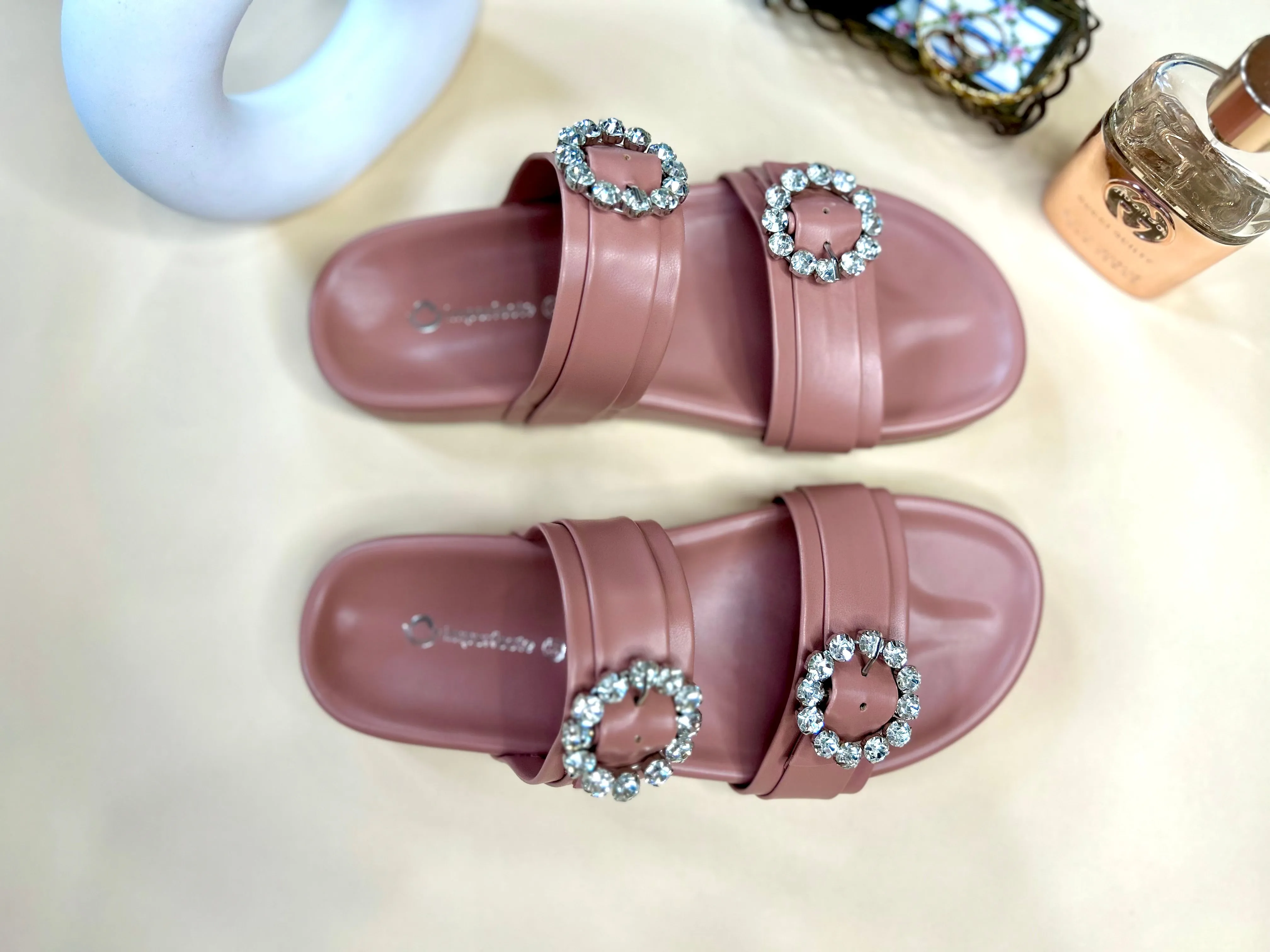 Slider Sandals With Rhinestone Buckle