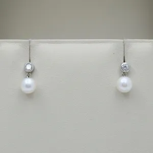 Small Pearl and Diamond Dangle Earrings, 18K Gold