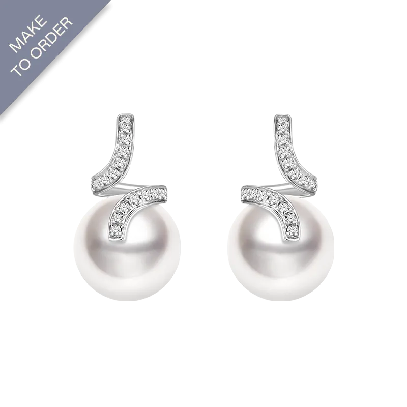 South Sea Pearl 18K White Gold Elegant Wave Stud Diamonds Earrings