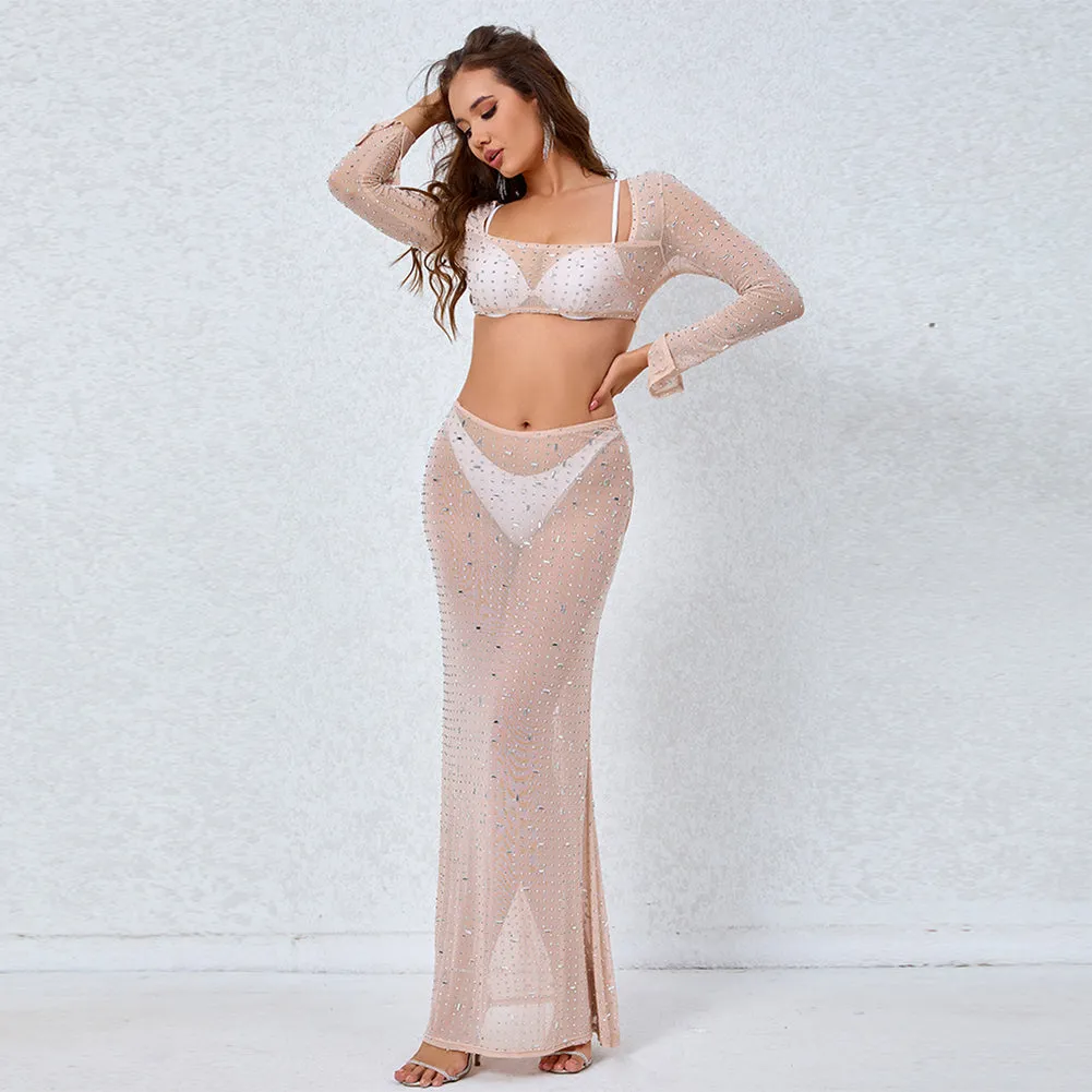Square Collar Long Sleeve Rhinestone Maxi Set KLYF1040