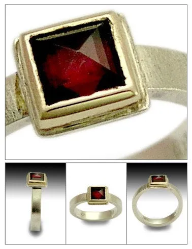 Square Garnet Mixed Metal Ring -  Red Wine.