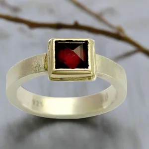 Square Garnet Mixed Metal Ring -  Red Wine.
