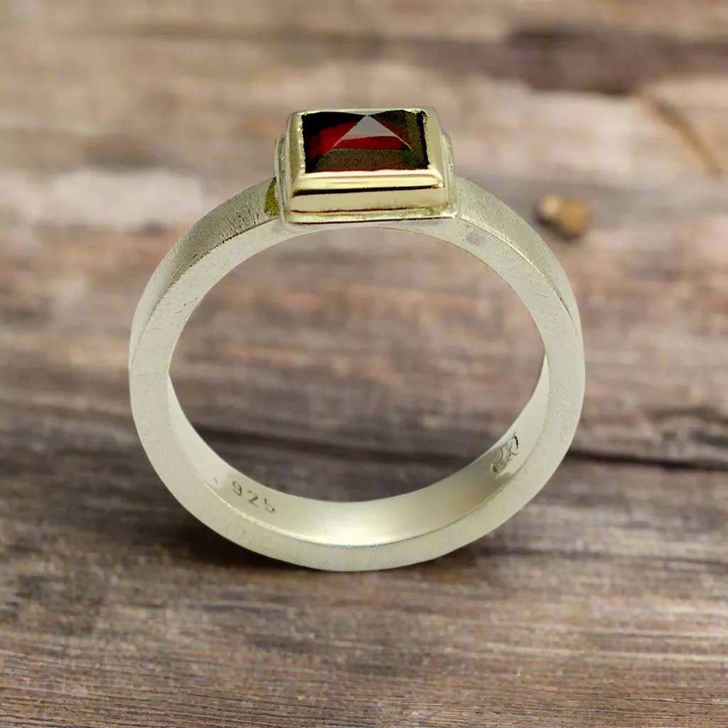 Square Garnet Mixed Metal Ring -  Red Wine.