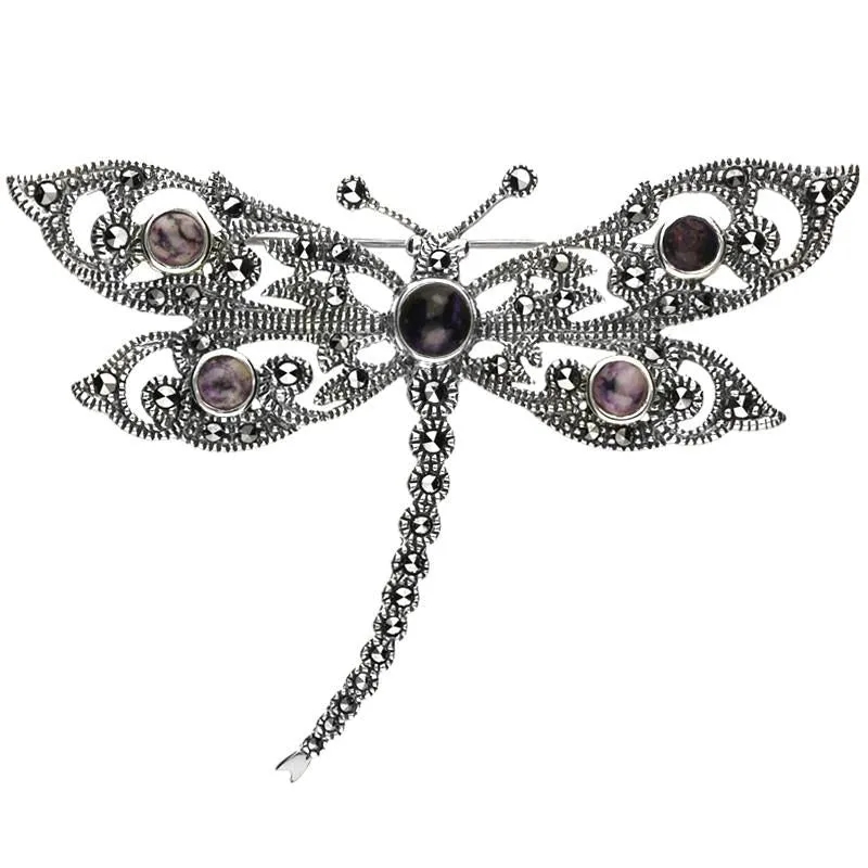 Sterling Silver Blue John Marcasite Five Stone Style & Fashion Dragonfly Brooch