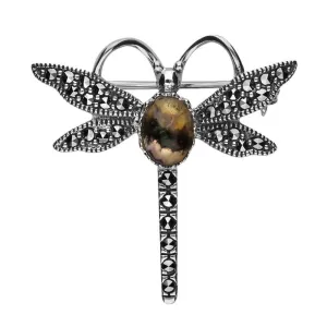 Sterling Silver Blue John Marcasite Style & Fashion Dragonfly Brooch