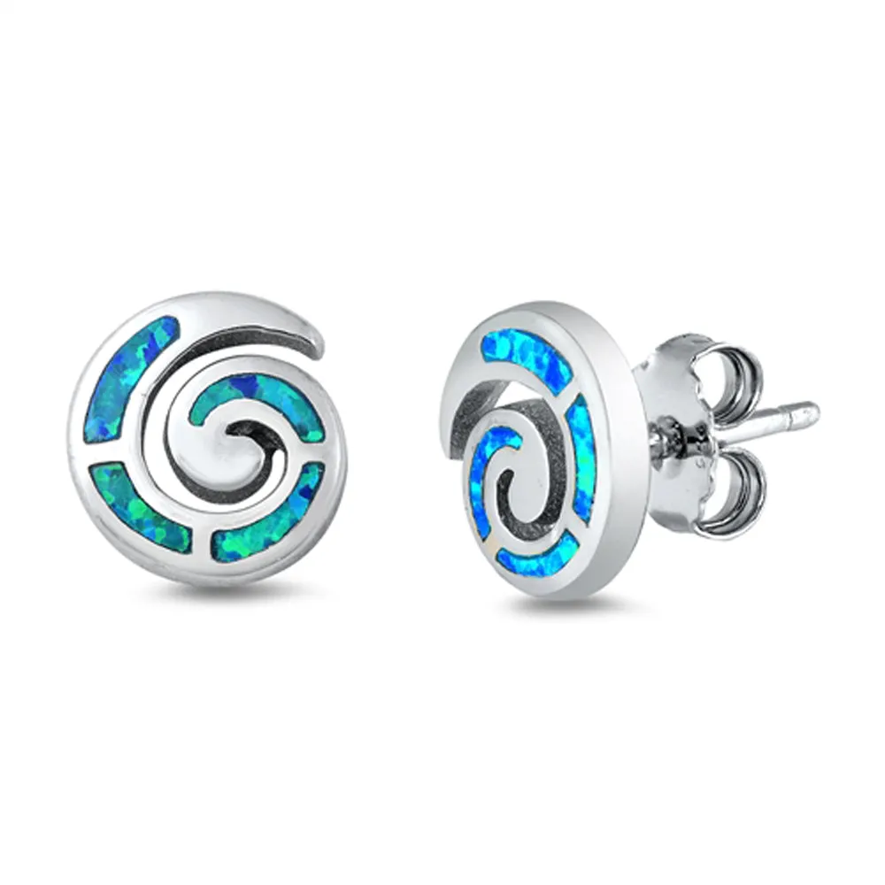 Sterling Silver Classic Spiral Mosaic Simple Swirl Earrings Blue Synthetic Opal