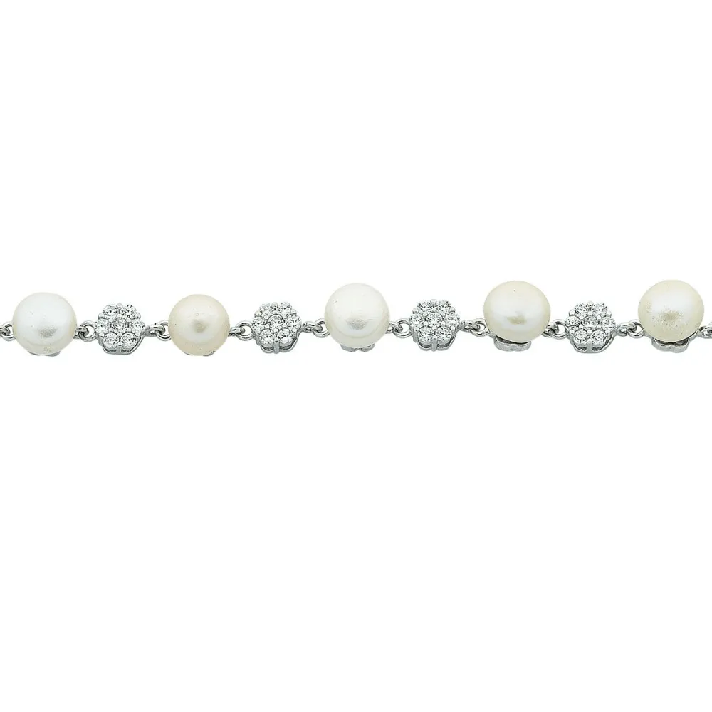 Sterling Silver Freshwater Pearl & Cubic Zirconia Bracelet