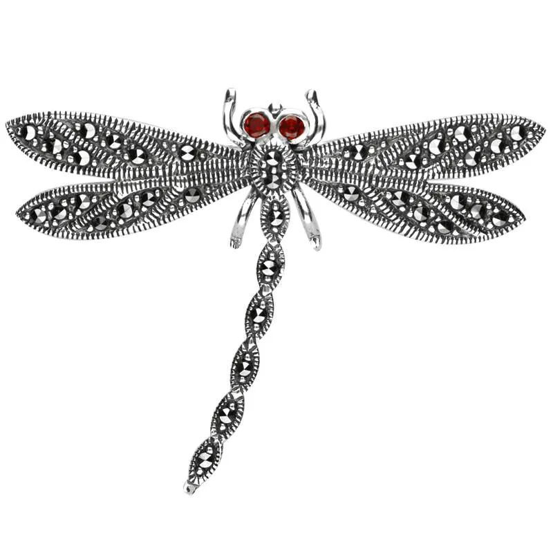 Sterling Silver Marcasite Garnet Style & Fashion Dragonfly Brooch