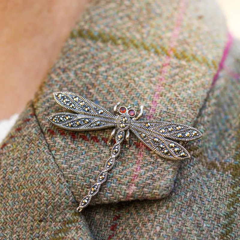 Sterling Silver Marcasite Garnet Style & Fashion Dragonfly Brooch