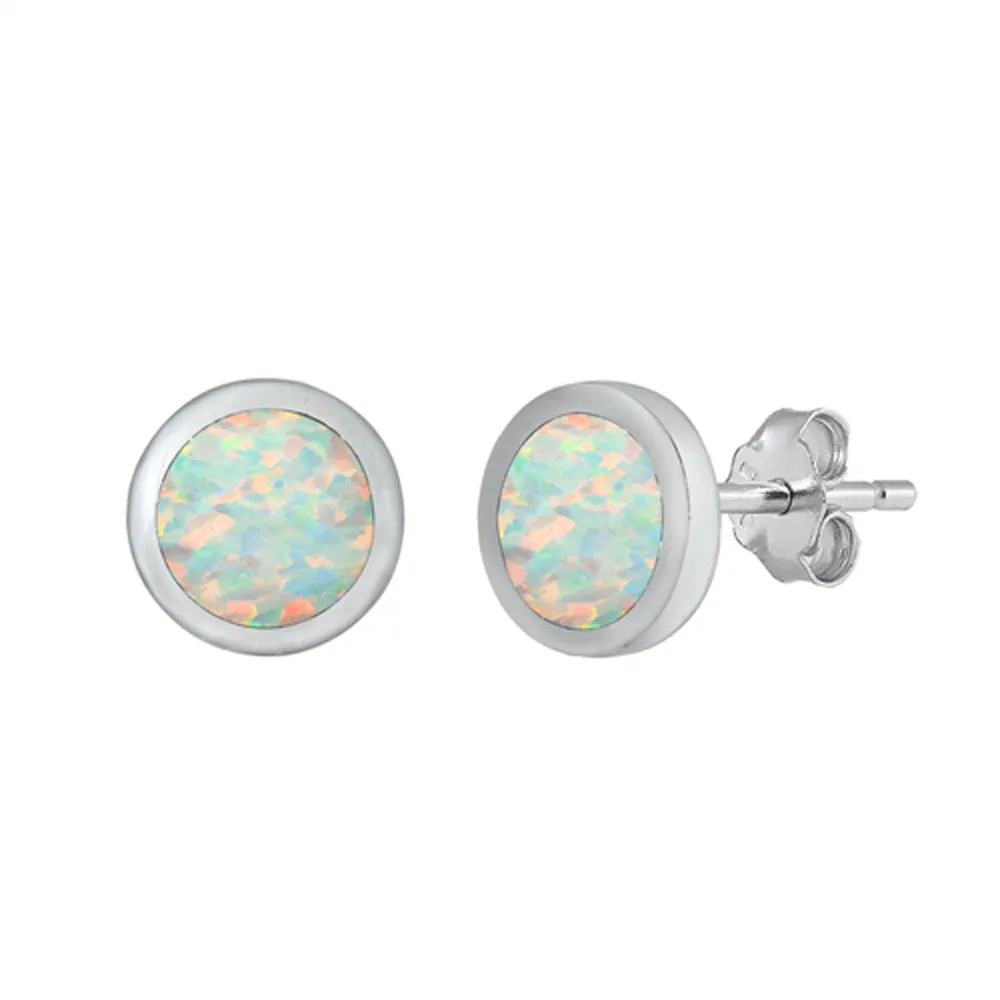 Sterling Silver Simple Circle Round Classic Earrings White Synthetic Opal 925