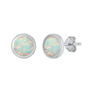 Sterling Silver Simple Circle Round Classic Earrings White Synthetic Opal 925