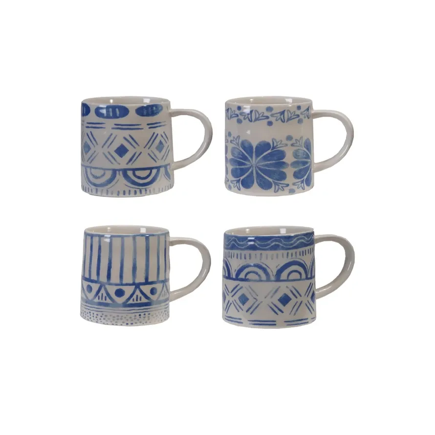 Stoneware Mug with Tile Pattern, Blue & White