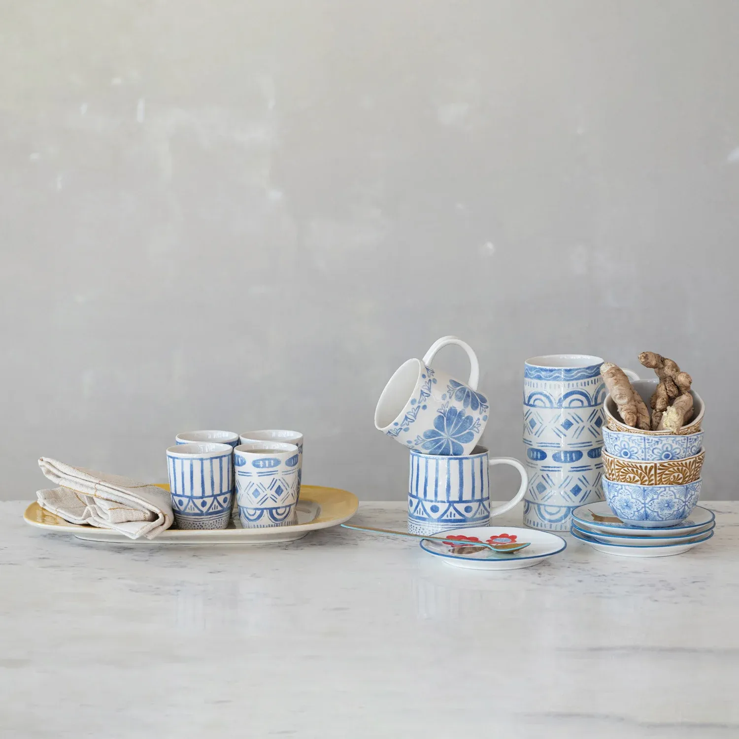 Stoneware Mug with Tile Pattern, Blue & White